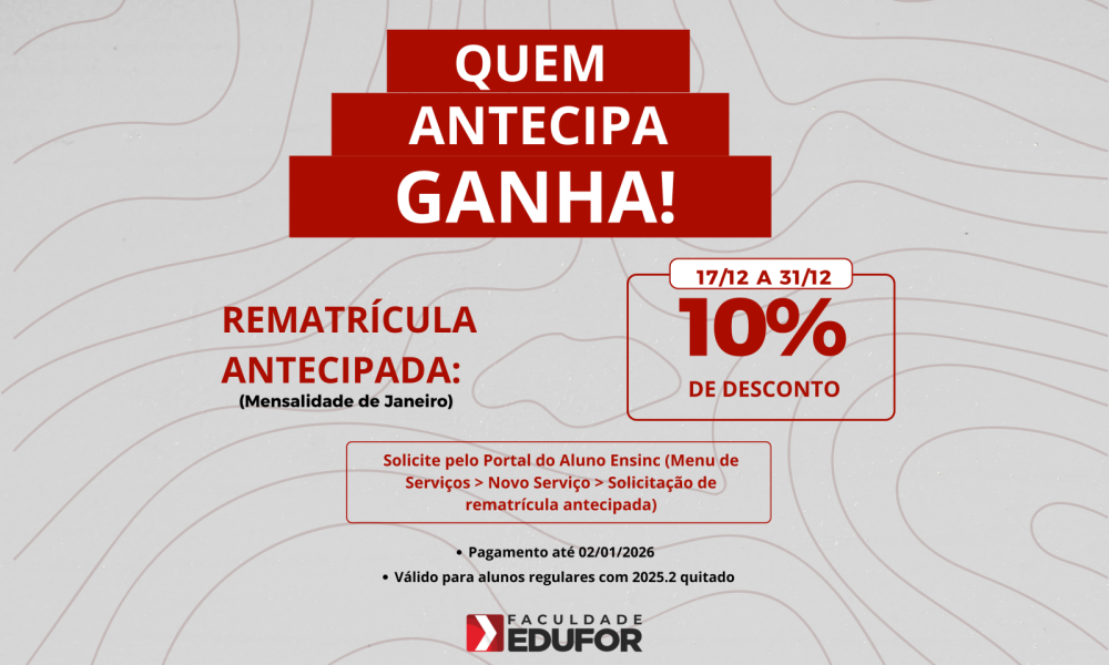 Rematrícula antecipada 2026.1 com 10% de desconto