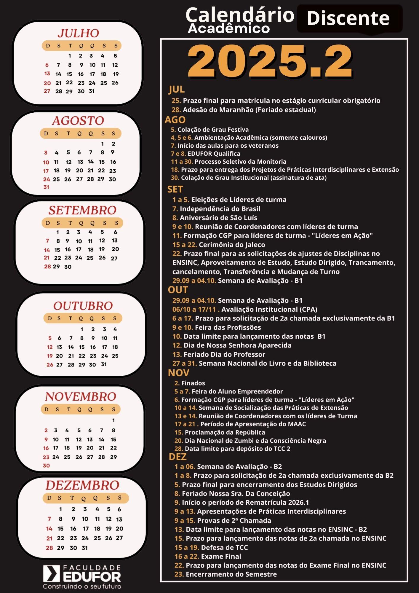 CALENDÁRIO ACADÊMICO DISCENTE - 2025.2